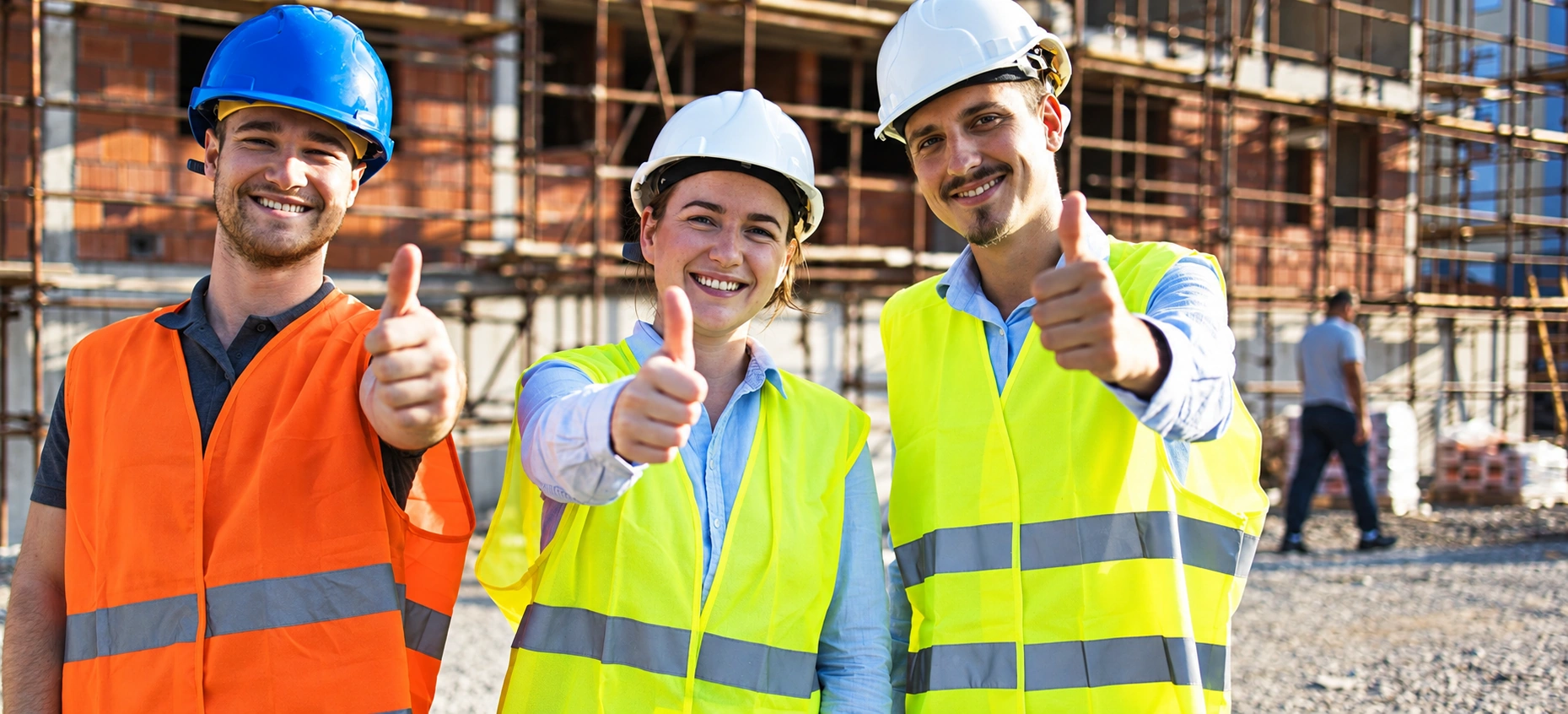Trois professionnels du bâtiment sur un chantier
