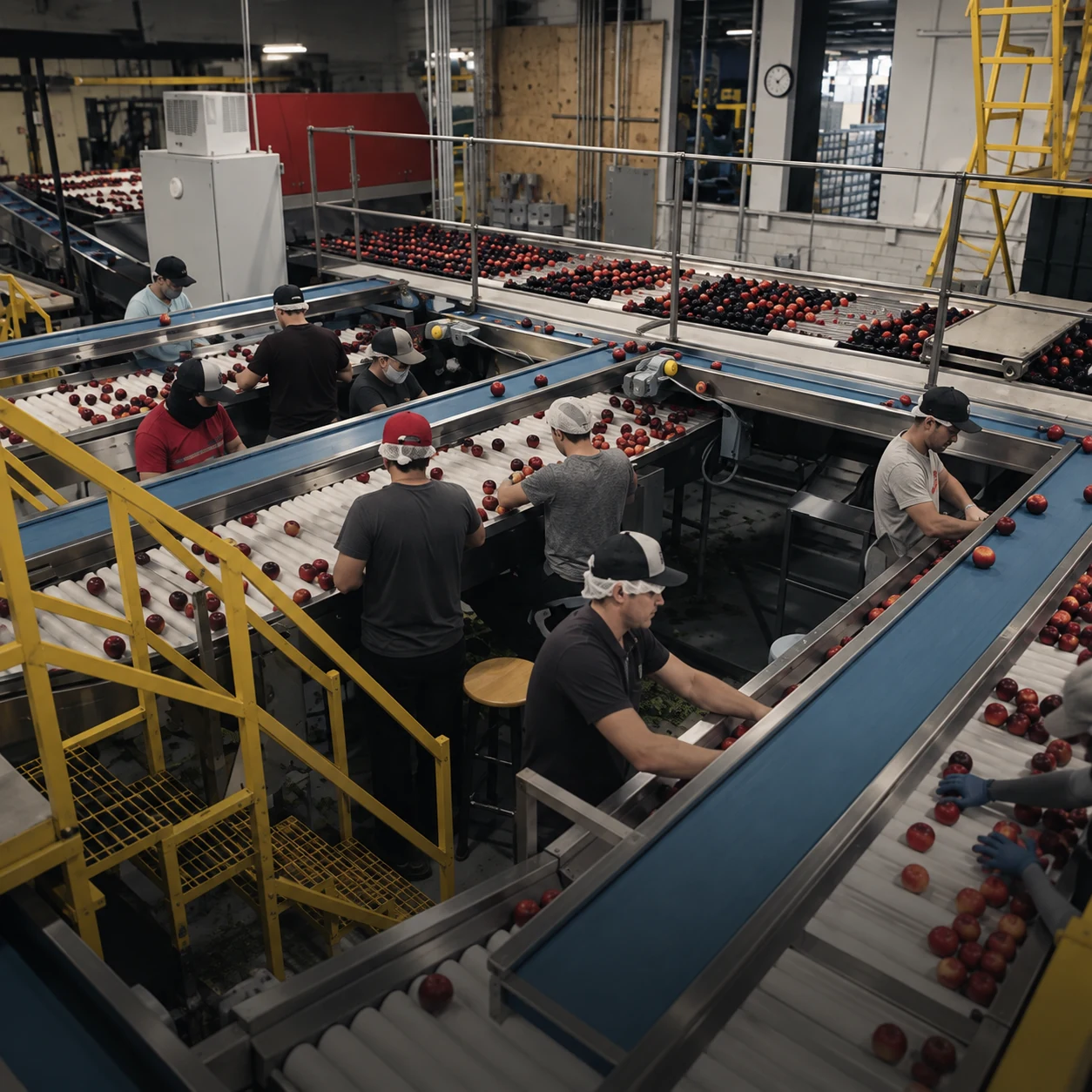 Des opérateurs trient des fruits sur les convoyeurs d’une ligne de production