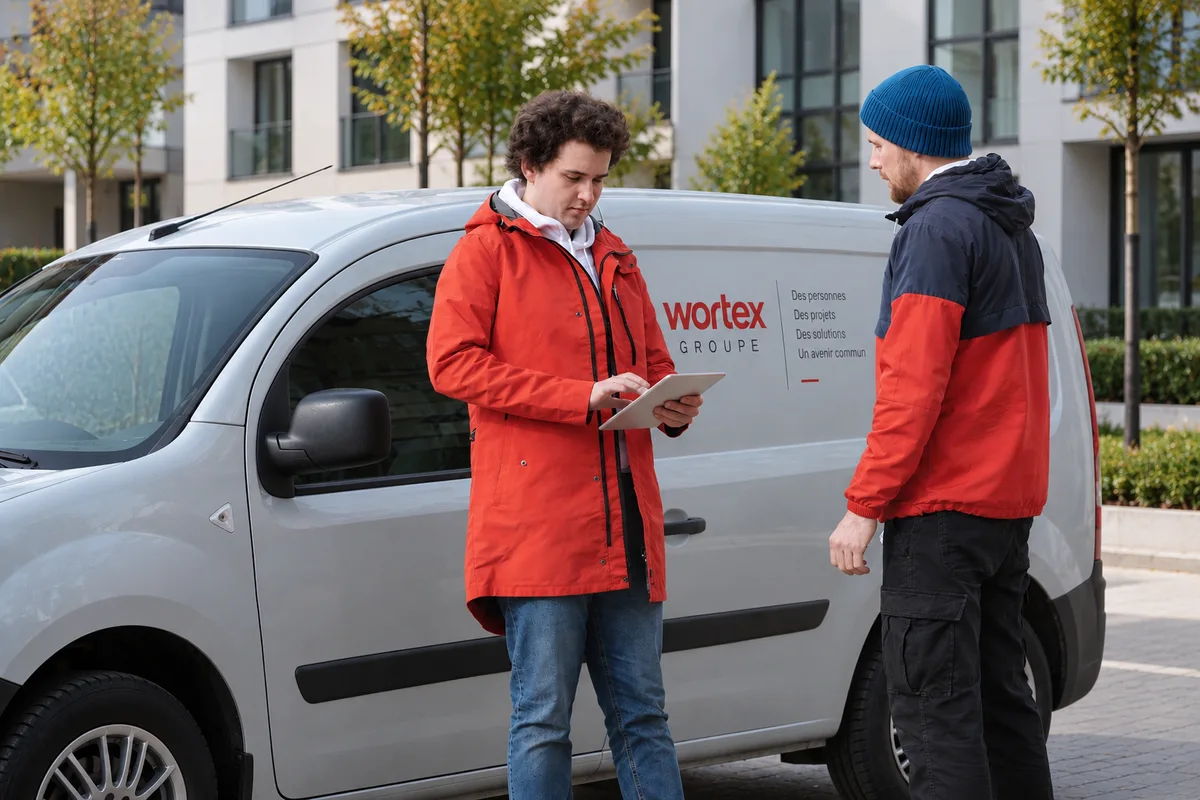 Projection de deux personnes près d’un véhicule aux couleurs de Wortex Groupe